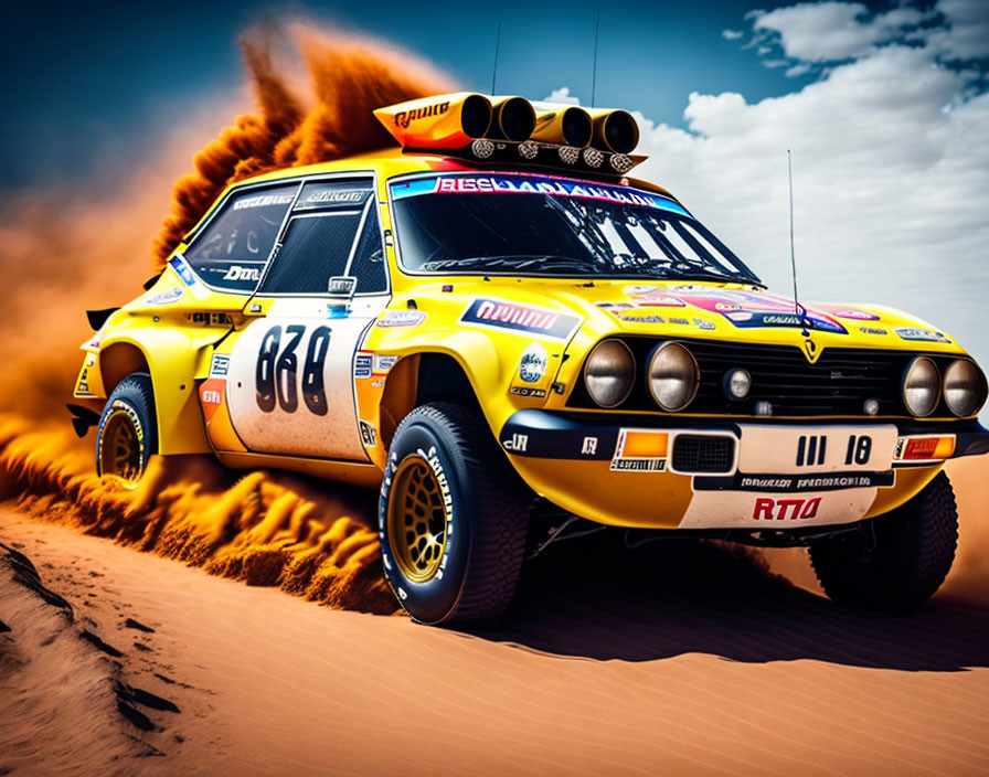 Vintage rally car #689 in yellow and black livery racing in sandy desert.