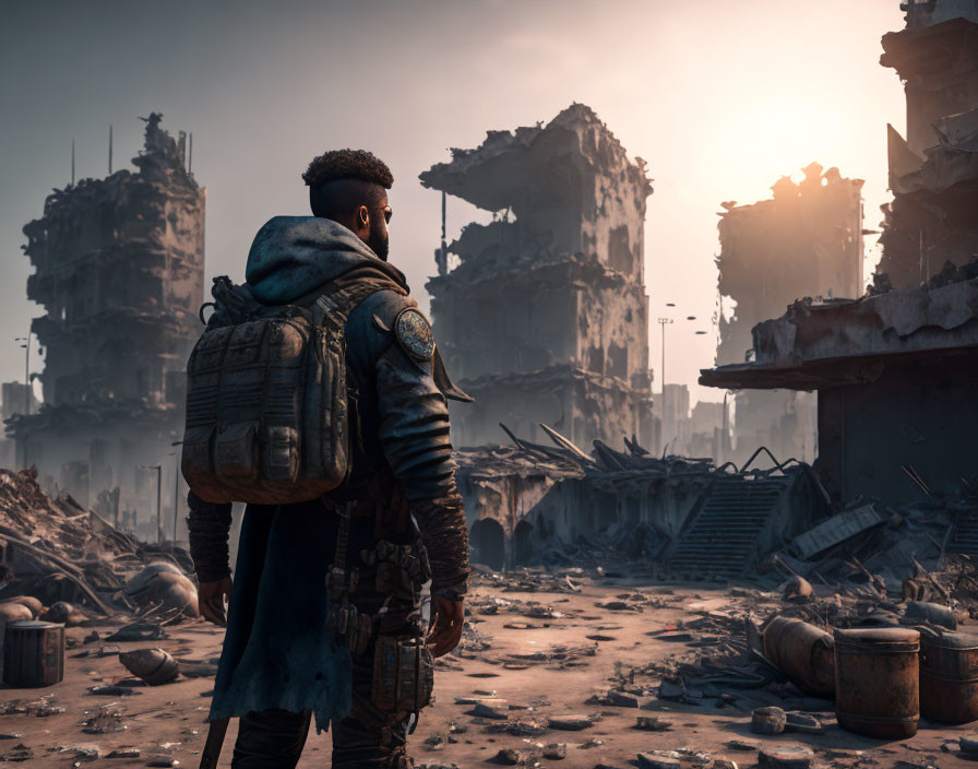 Man with backpack in ruins under hazy sky near sunlit devastated city.