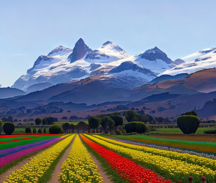 Vibrant tulip field with snowy mountains and blue sky