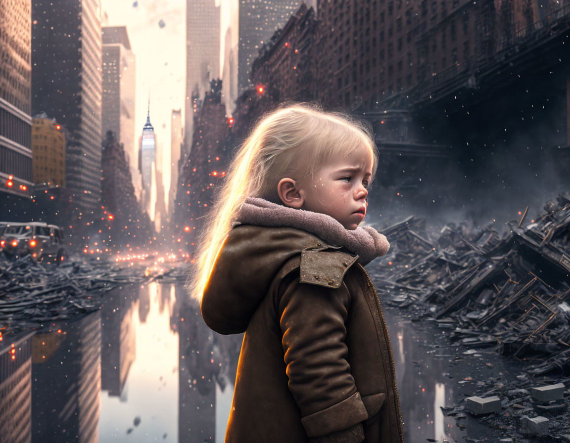 Child in urban destruction with reflective water and dramatic sky