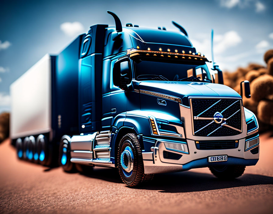 Blue Volvo semi-truck with large cargo trailer parked in arid setting