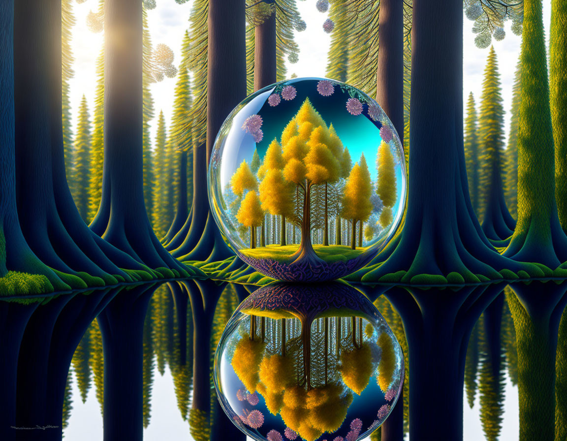 Crystal ball reflects forest scene with surreal trees on mirrored surface