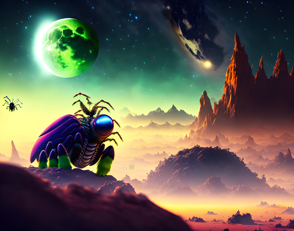 Vibrant surreal landscape with green moon, comet, alien mountains, and beetle creature