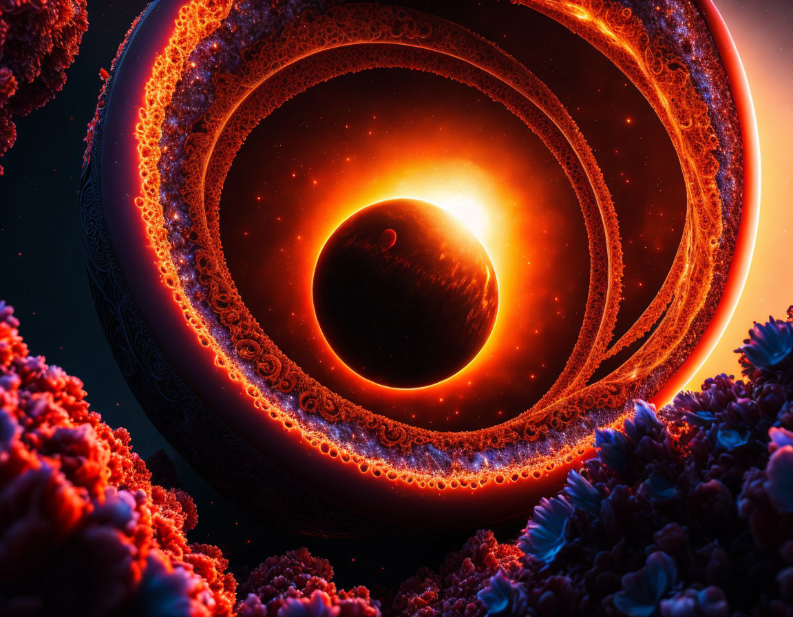 Surreal cosmic digital art with glowing orb and coral-like structures