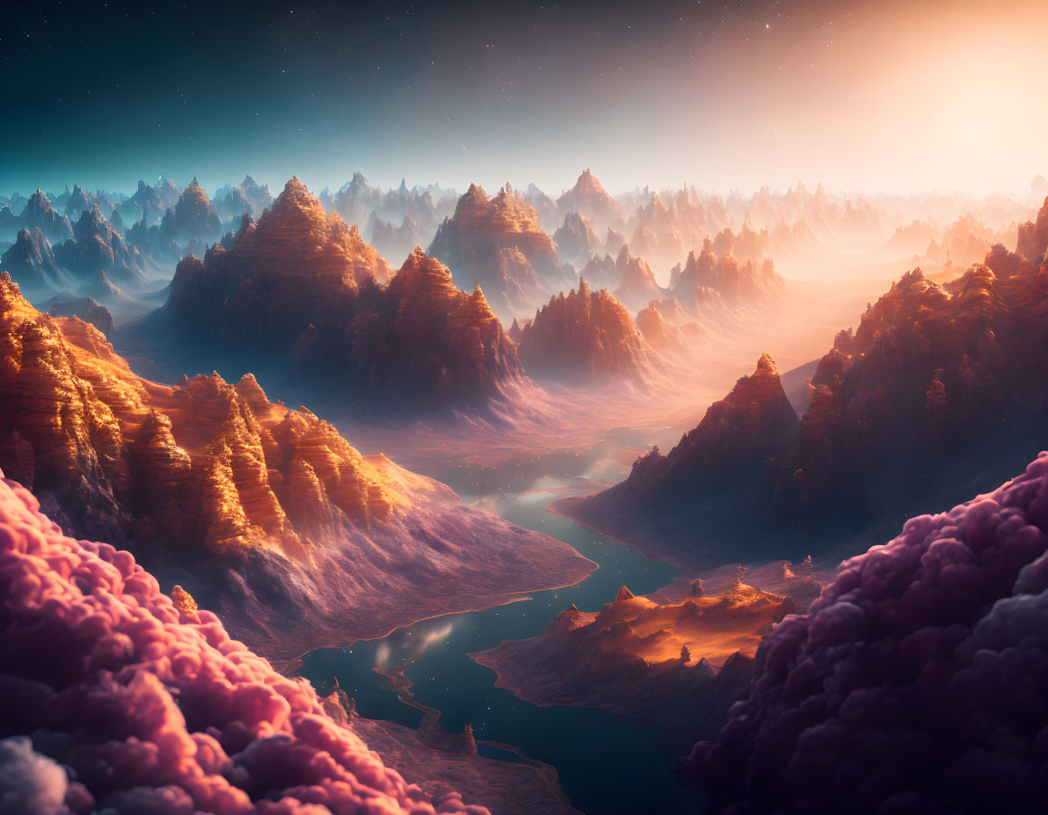 Vibrant sunset over misty mountains and red rock formations