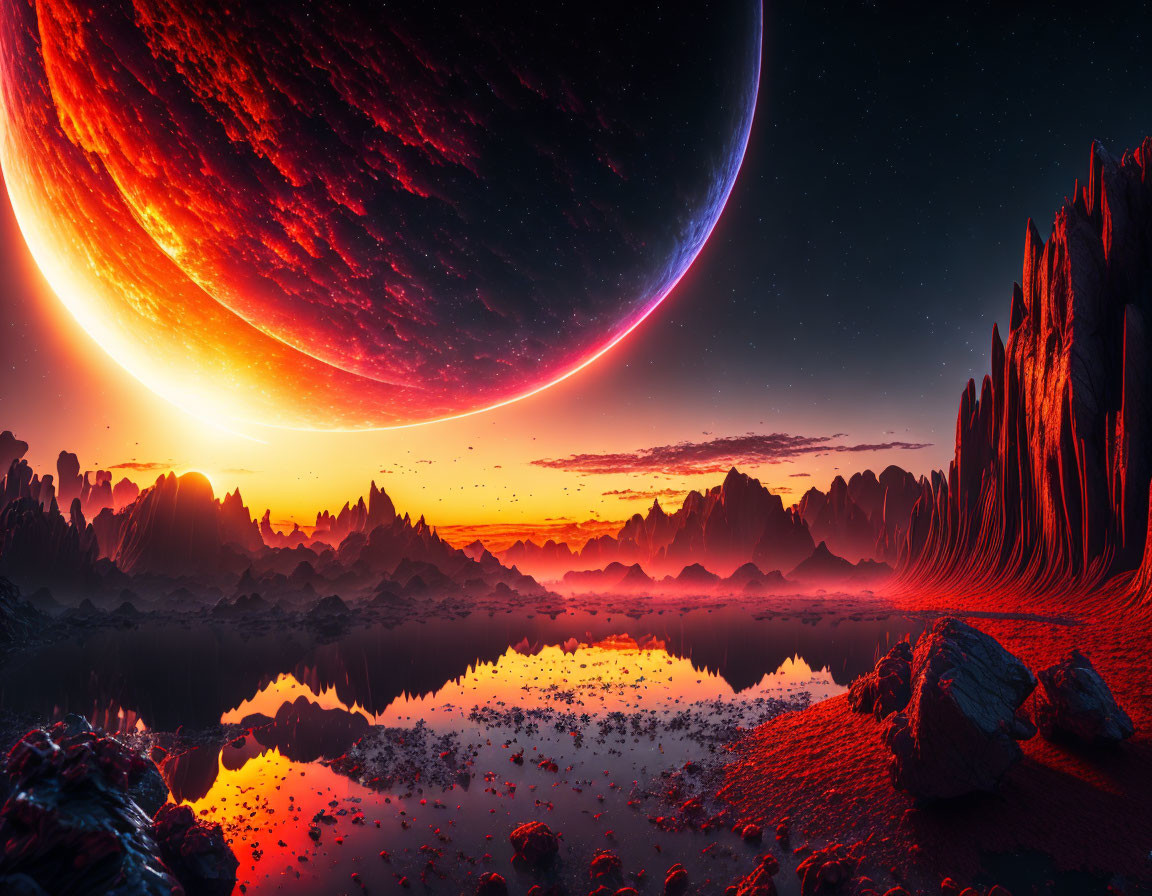 Large Planet Rises Over Alien Terrain in Sci-Fi Landscape