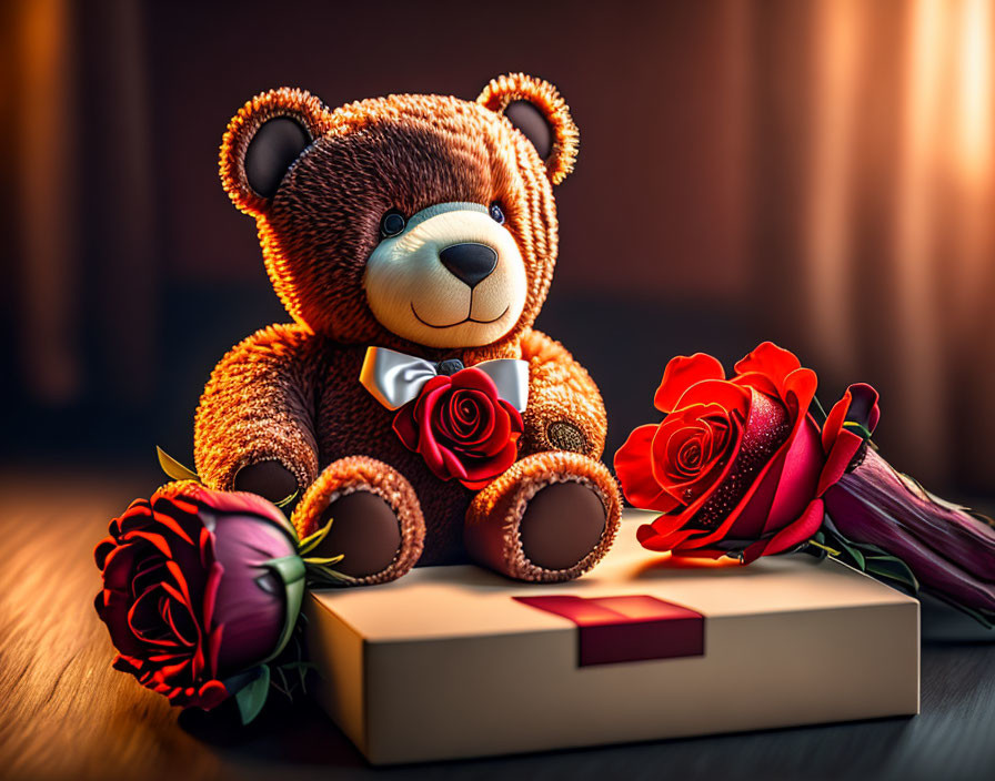 Teddy Bear, Roses, Gift Box in Warm Light