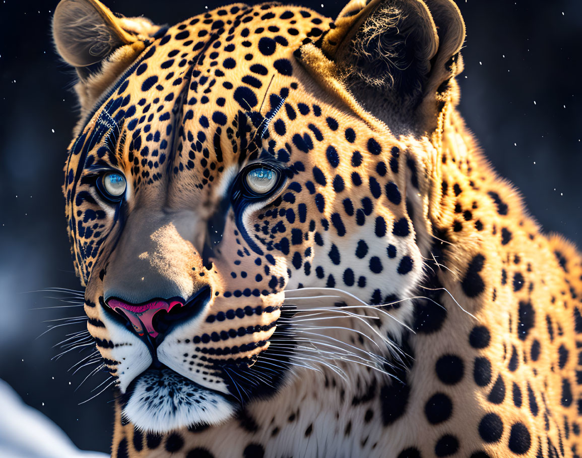 Close-up of jaguar with vivid blue eyes and rosette patterns in soft sunlight