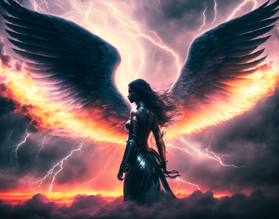 Majestic figure with angelic wings in stormy sky with lightning