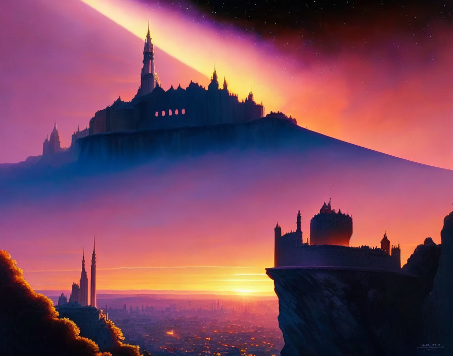 Fantastical sunset landscape with silhouetted castles on cliffs under starry purple sky