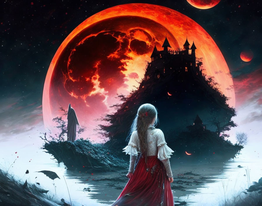 Woman in red dress gazes at castle under red moon