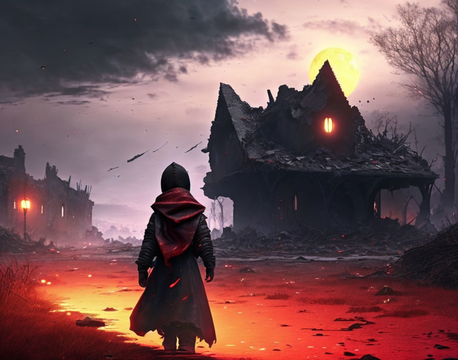 Cloaked figure in apocalyptic fantasy landscape with eerie moon