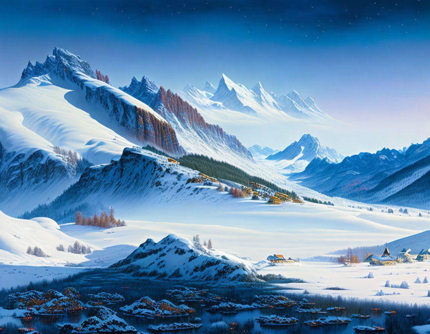 Snowy Mountains and Starry Sky Winter Landscape with Village