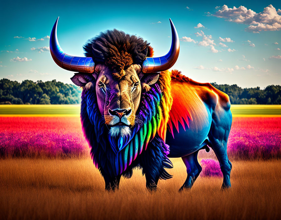 Colorful Lion-Headed Bull in Field Under Blue Sky