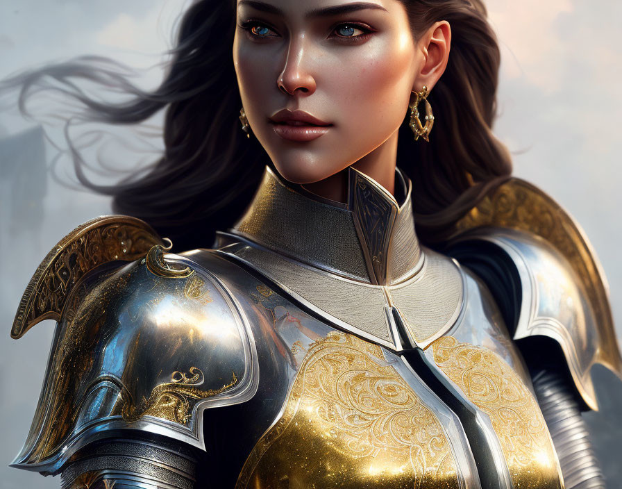 Digital artwork: Woman in ornate golden armor with billowing brown hair