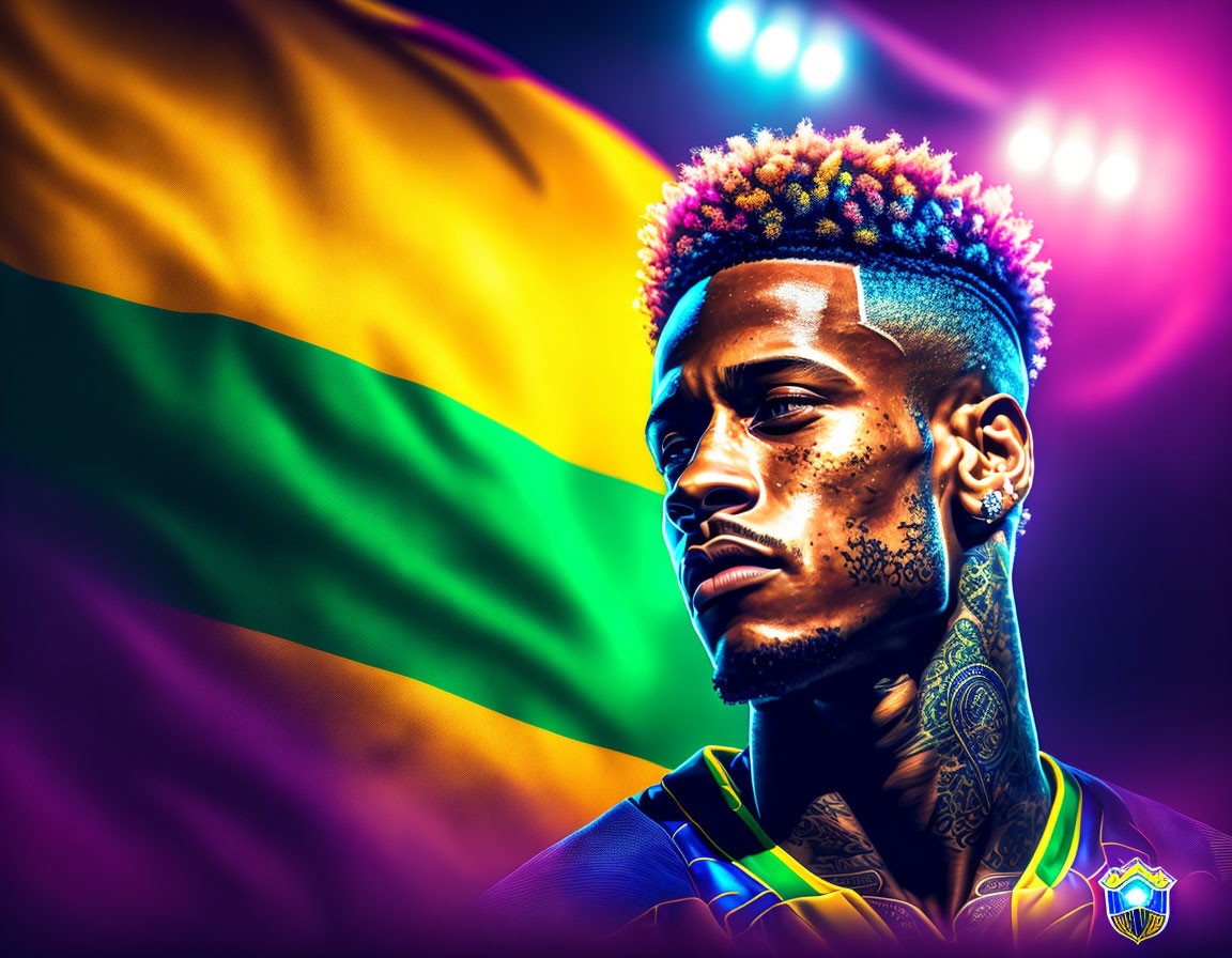 Colorful Brazilian-themed man with mohawk and tattoos on vibrant background