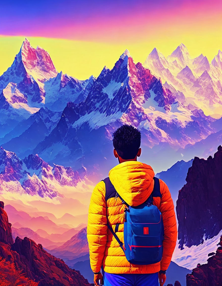 Person in Yellow Jacket Facing Vibrant Mountain Range at Sunset