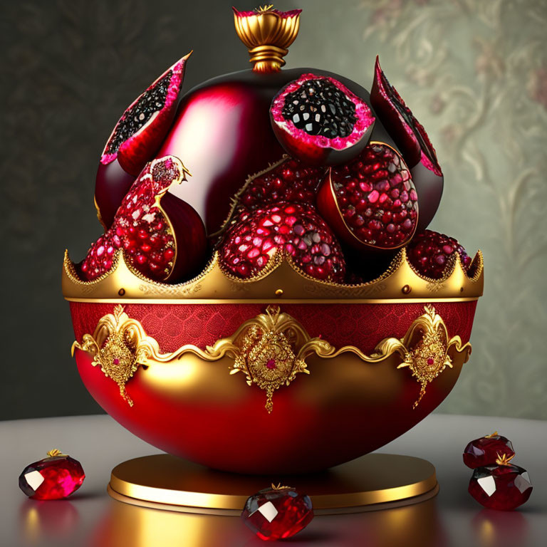 Red and Gold Ornate Spherical Container with Pomegranates and Gems