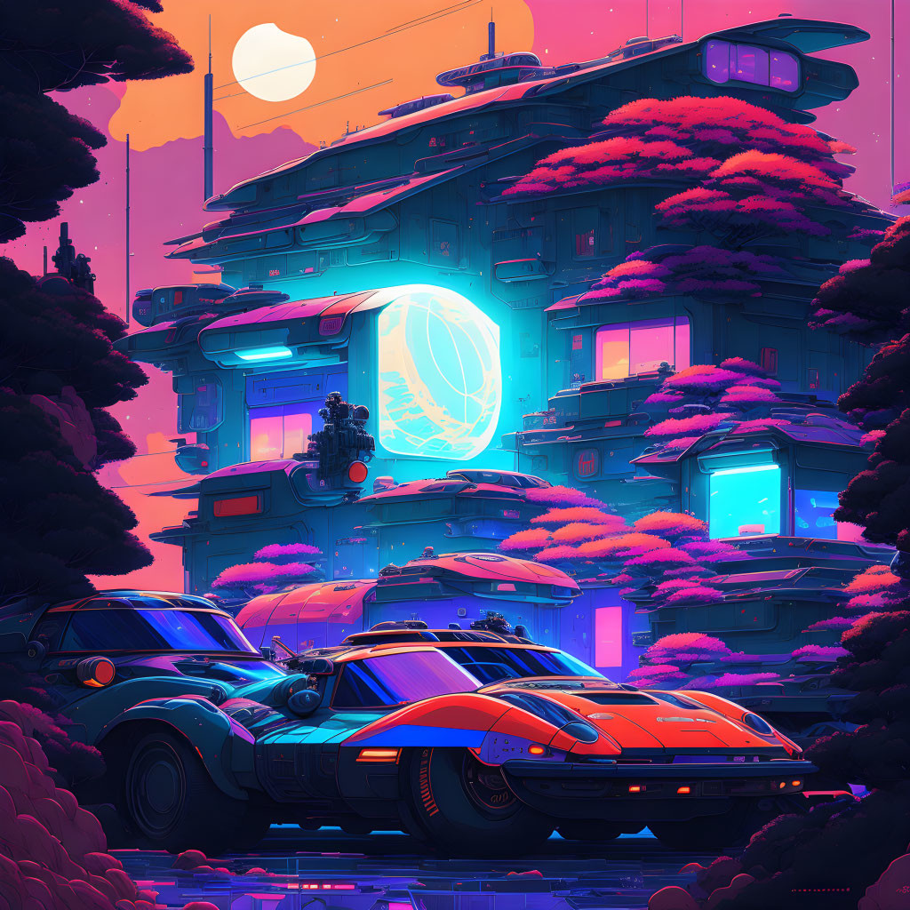 Futuristic cityscape with neon hues, high-tech building, trees, sleek cars, large moon