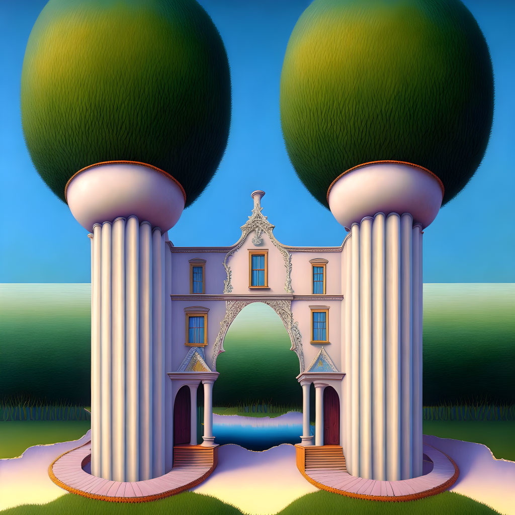 Surreal artwork of classical building with tree-topped columns under gradient sky