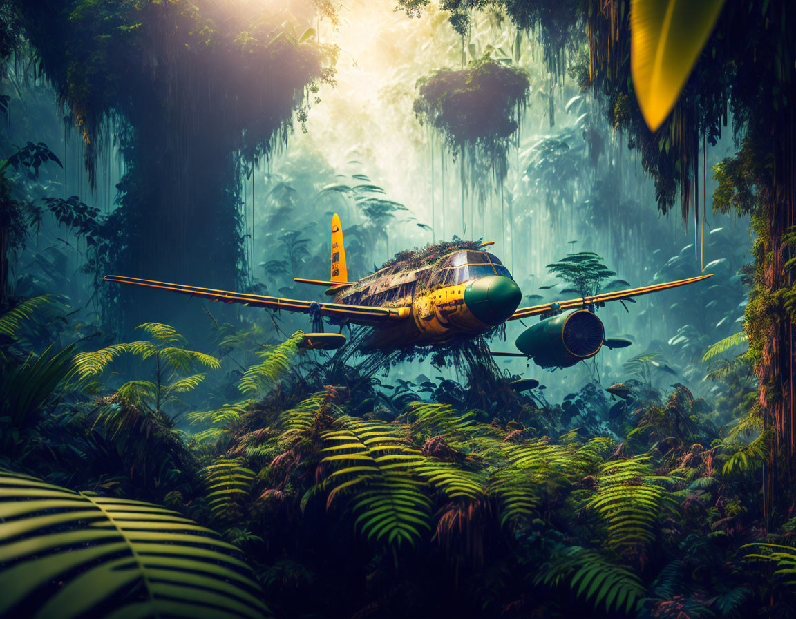 Vintage airplane in lush jungle with sunlight filtering through foliage