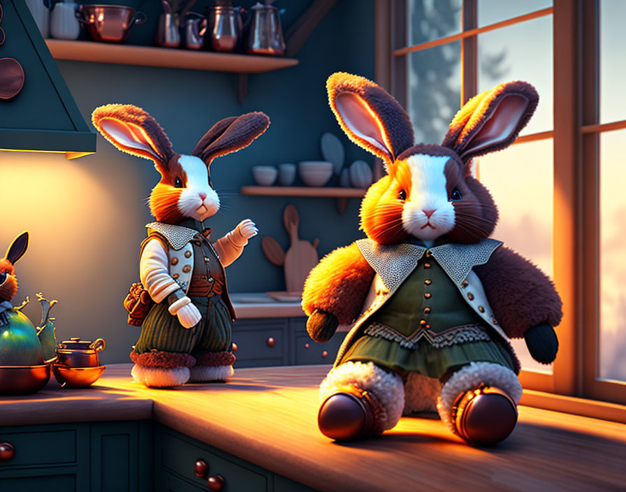 Vintage-dressed animated rabbits in cozy kitchen at dusk