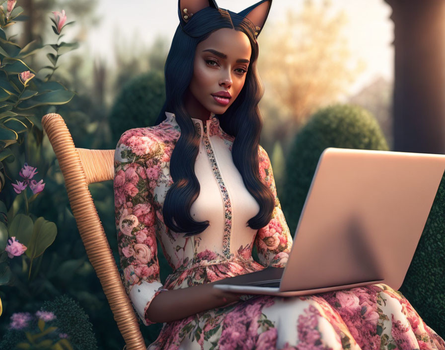 Digital artwork of woman with feline ears in floral dress using laptop outdoors