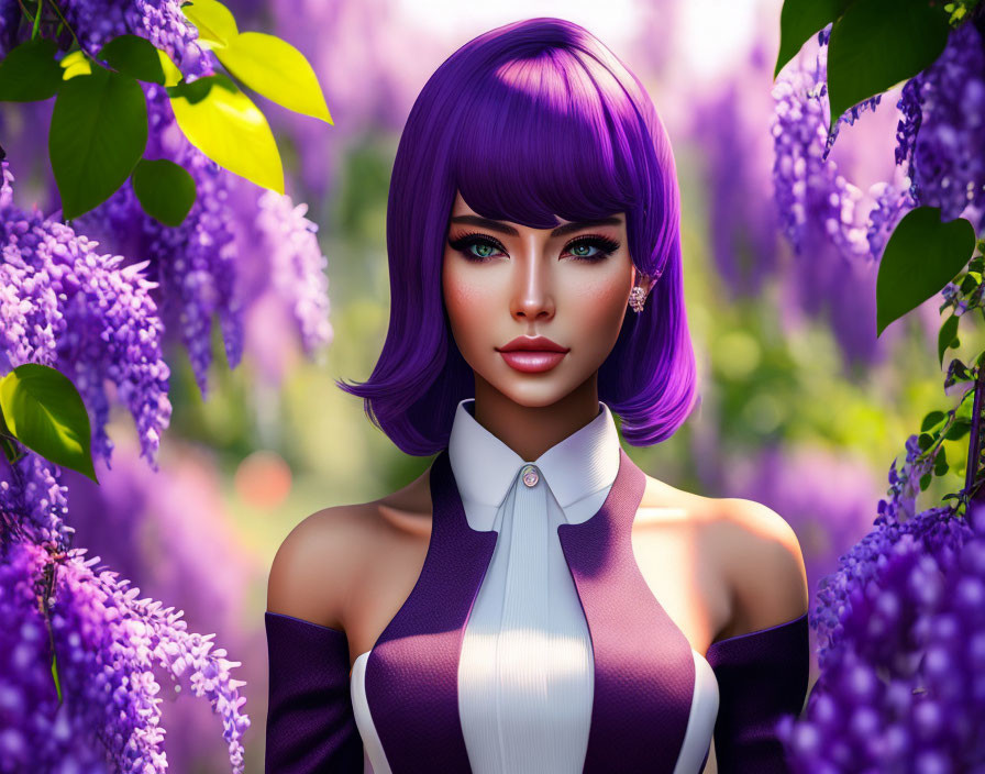 Digital artwork featuring woman with purple hair, green eyes, fair skin, surrounded by lilac flowers in