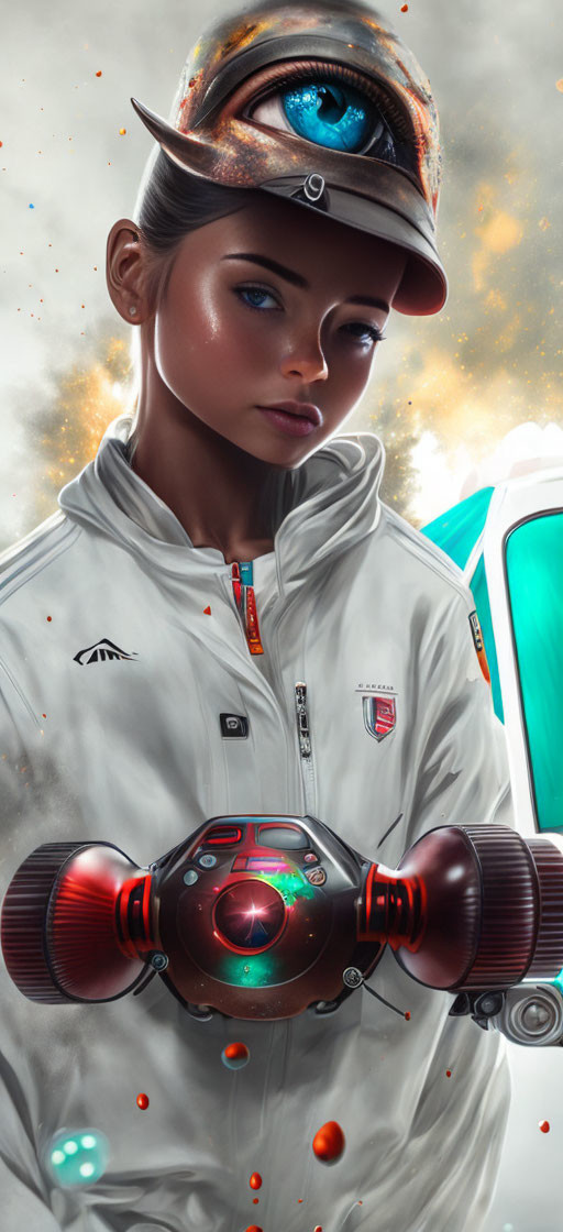 Digital artwork of woman with eye symbol cap and red hoverboard on abstract background