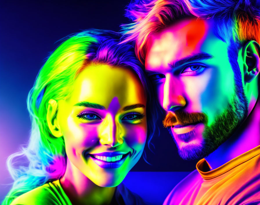 Colorized image: Smiling woman and serious man under neon lighting