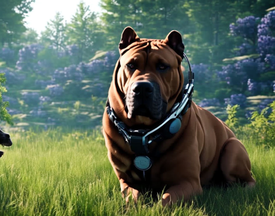 Muscular brown dog in harness sitting in sunlit field with purple flowers