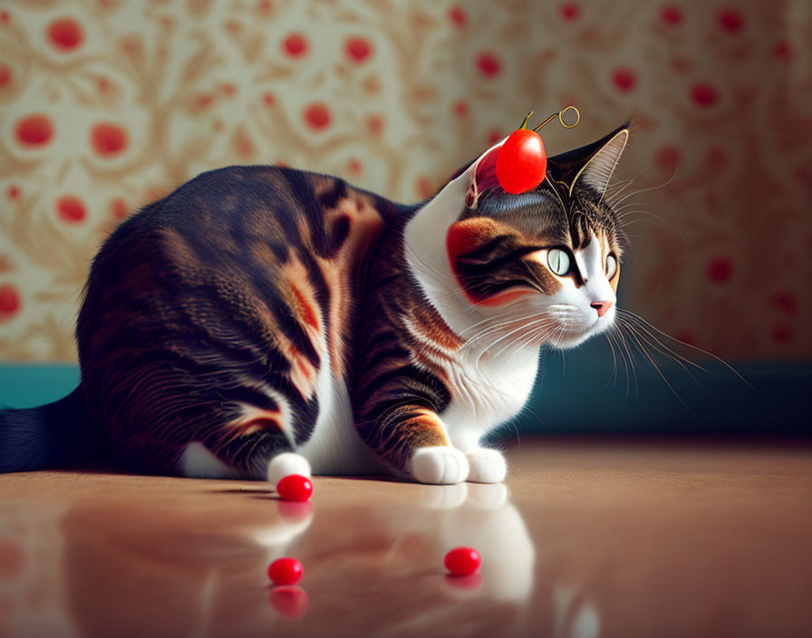 Tabby cat with red cherry hat sitting on glossy floor