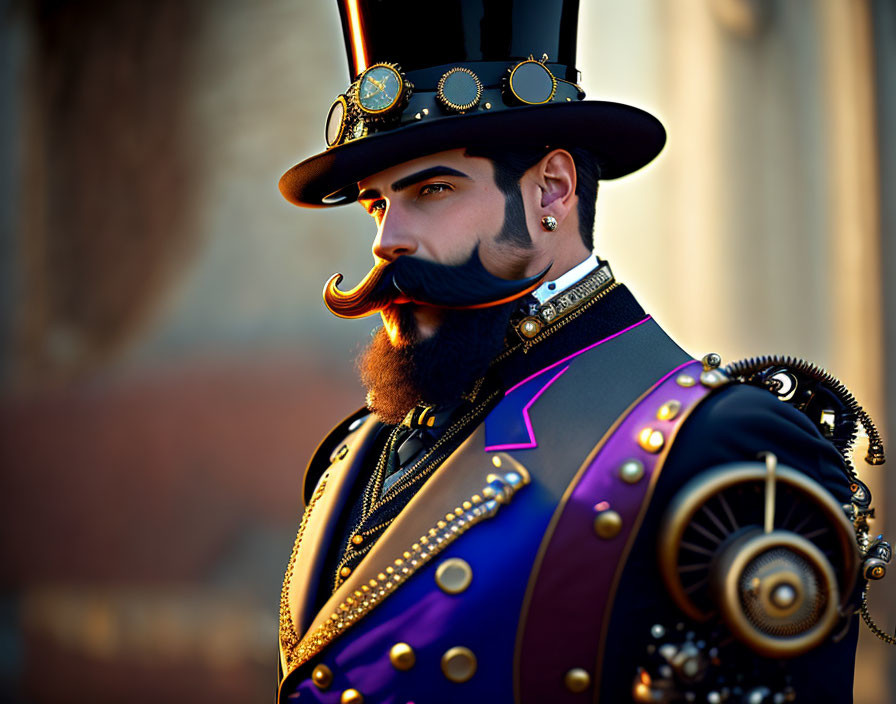 Steampunk-themed man with top hat and mechanical details in stylish attire.