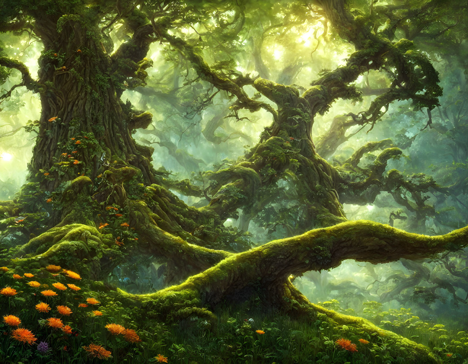 Sunlit Enchanted Forest with Ancient Tree and Orange Flowers