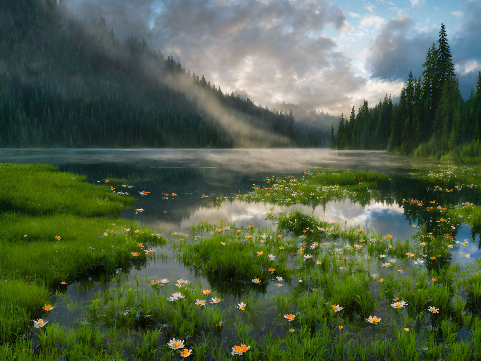 Tranquil lake, misty forests, sunbeams, blooming flowers