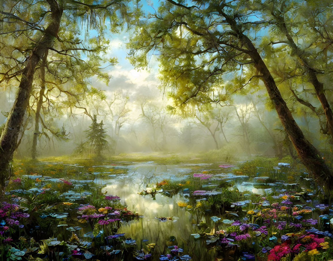 Sunlit Swamp with Colorful Flowers and Hanging Moss in Reflective Water