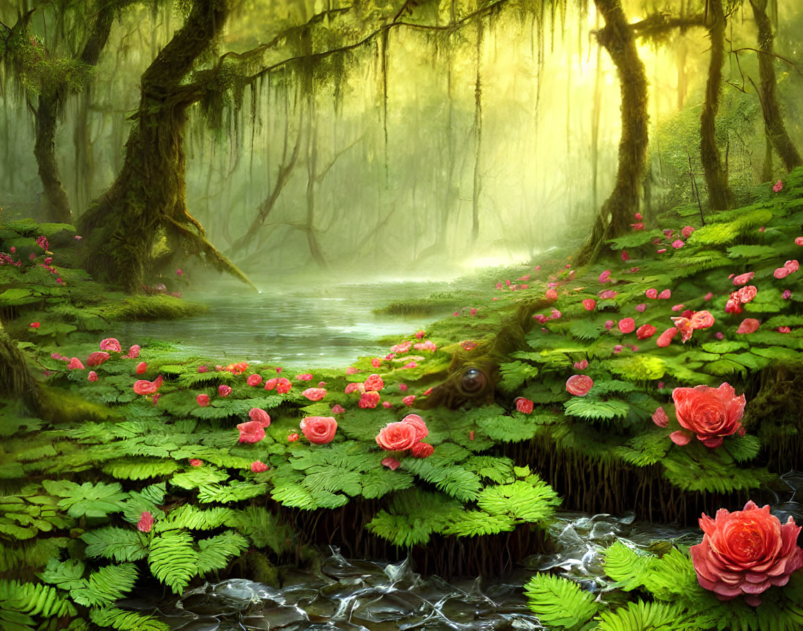 Lush Greenery, Pink Roses, and Serene Stream in Mystical Forest