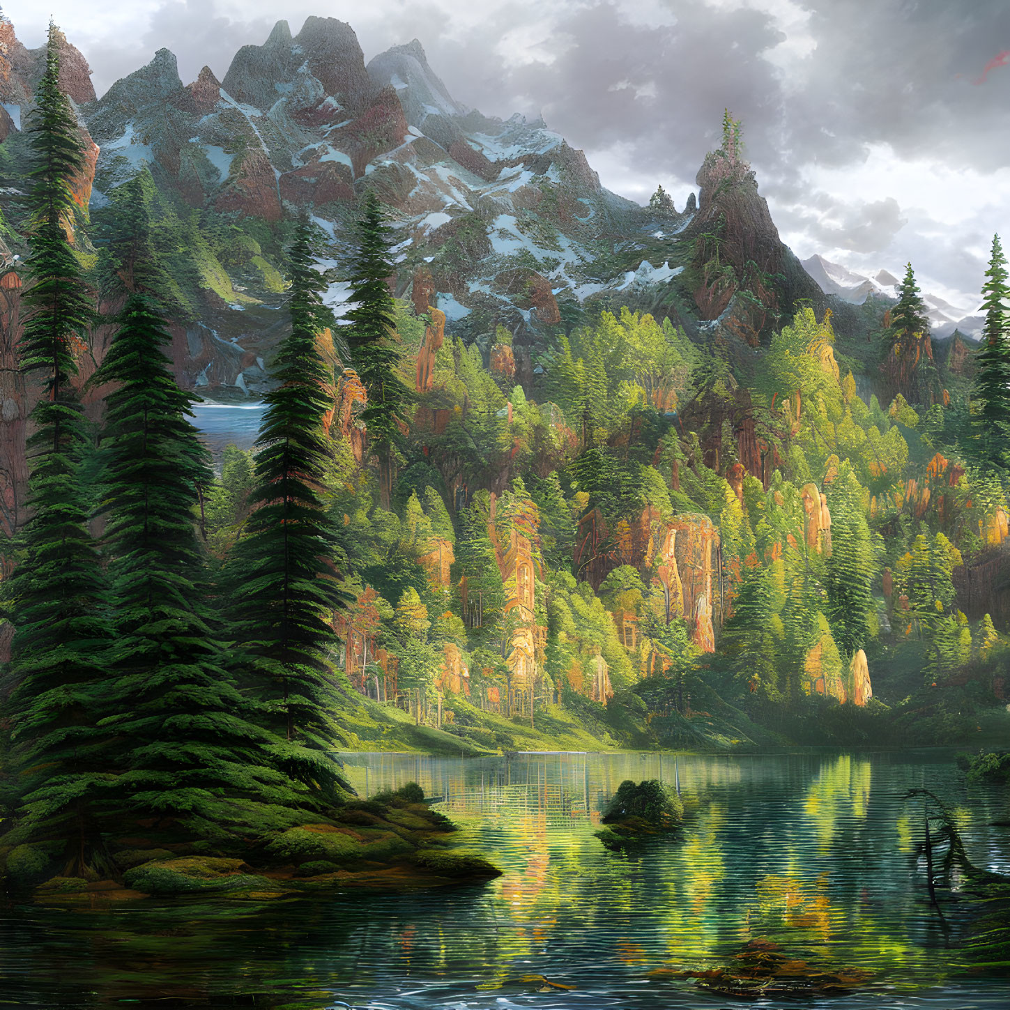 Tranquil mountain landscape with clear lake and dense forests