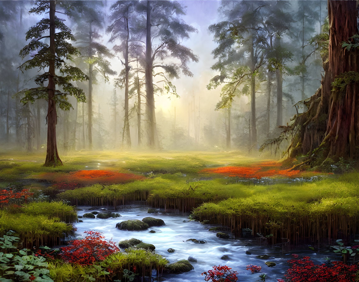 Tranquil Misty Forest Scene with Stream and Red Flowers