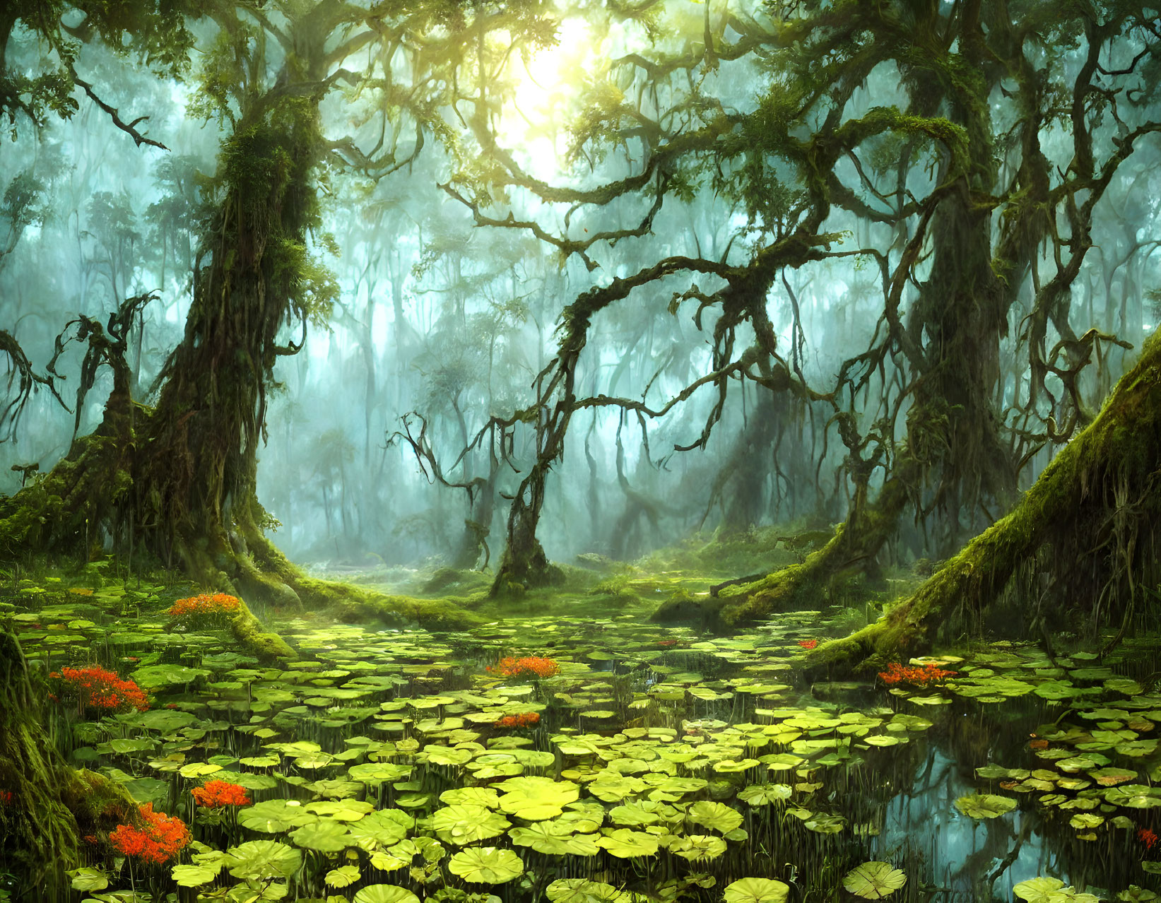 Misty green forest with gnarled trees and tranquil pond