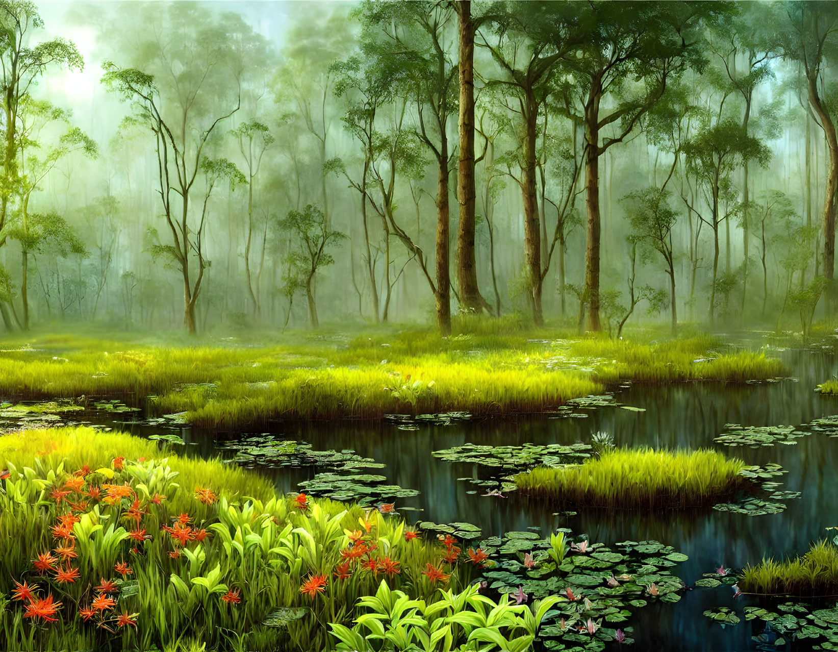 Lush Swamp Landscape with Green Foliage and Red Flowers