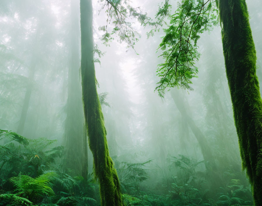 Lush Green Forest with Towering Trees and Fern Undergrowth