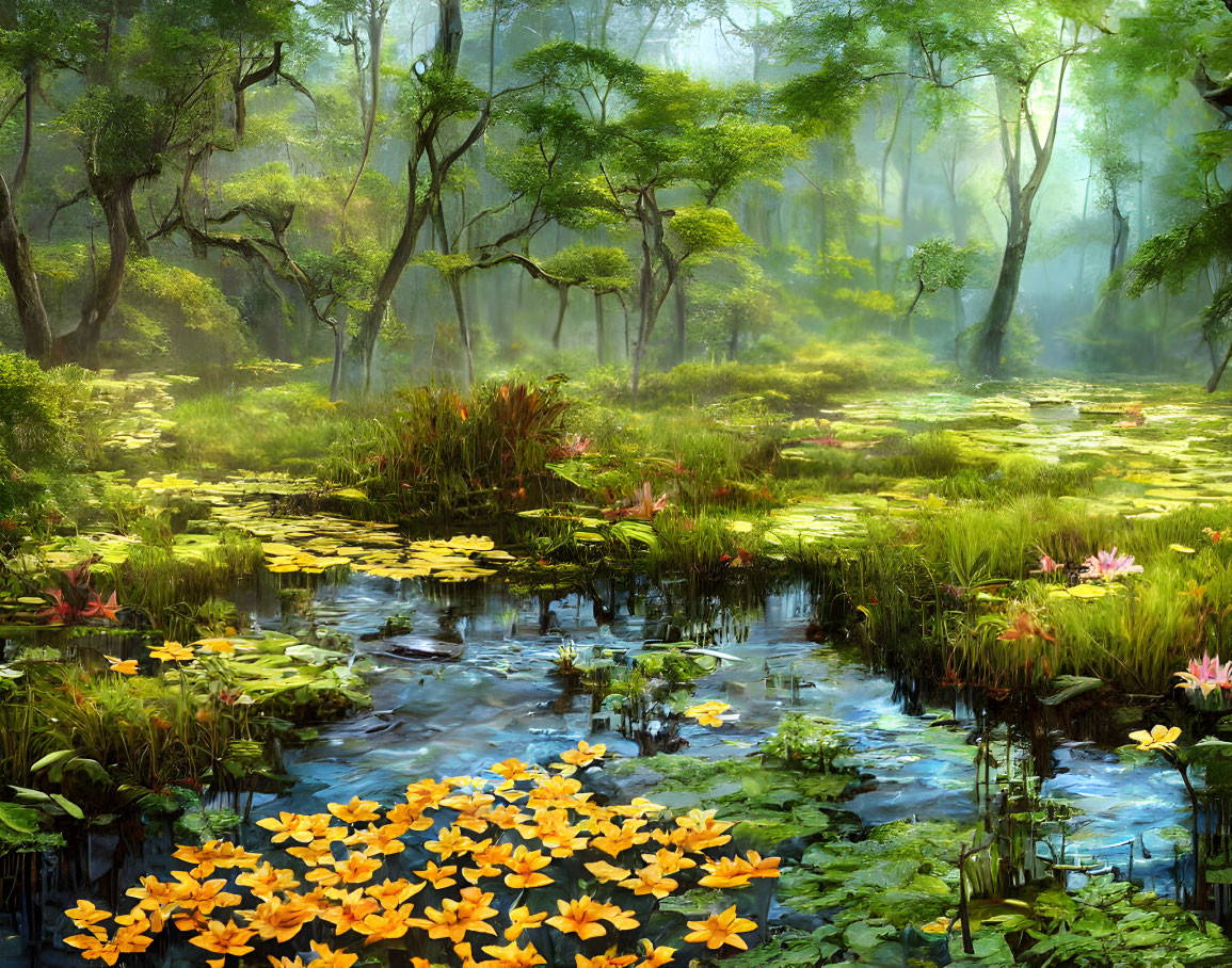 Tranquil swamp scene with lush greenery and blooming lilies