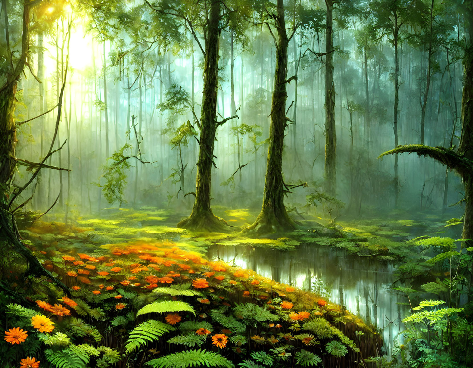 Misty Forest Scene with Orange Flowers and Green Ferns