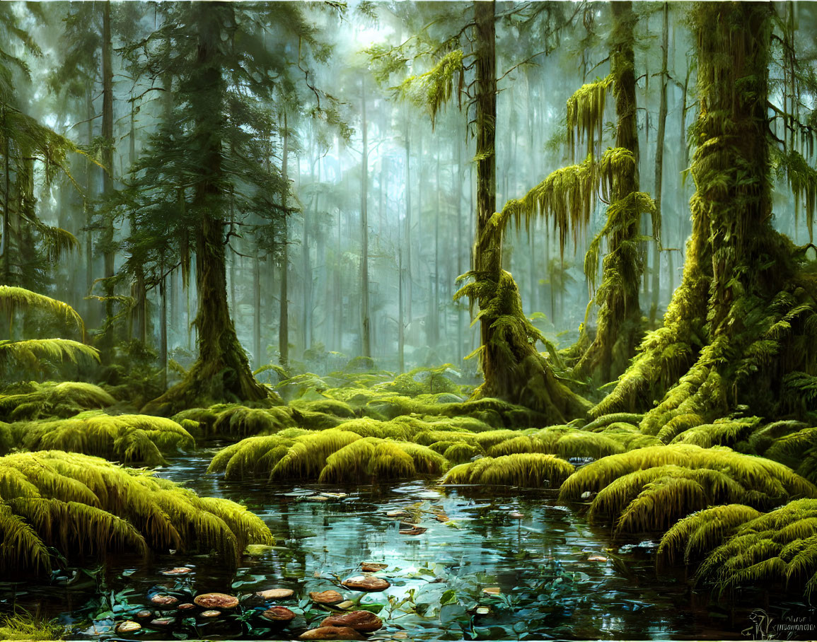 Tranquil forest scene with moss-covered trees, stream, and water lilies