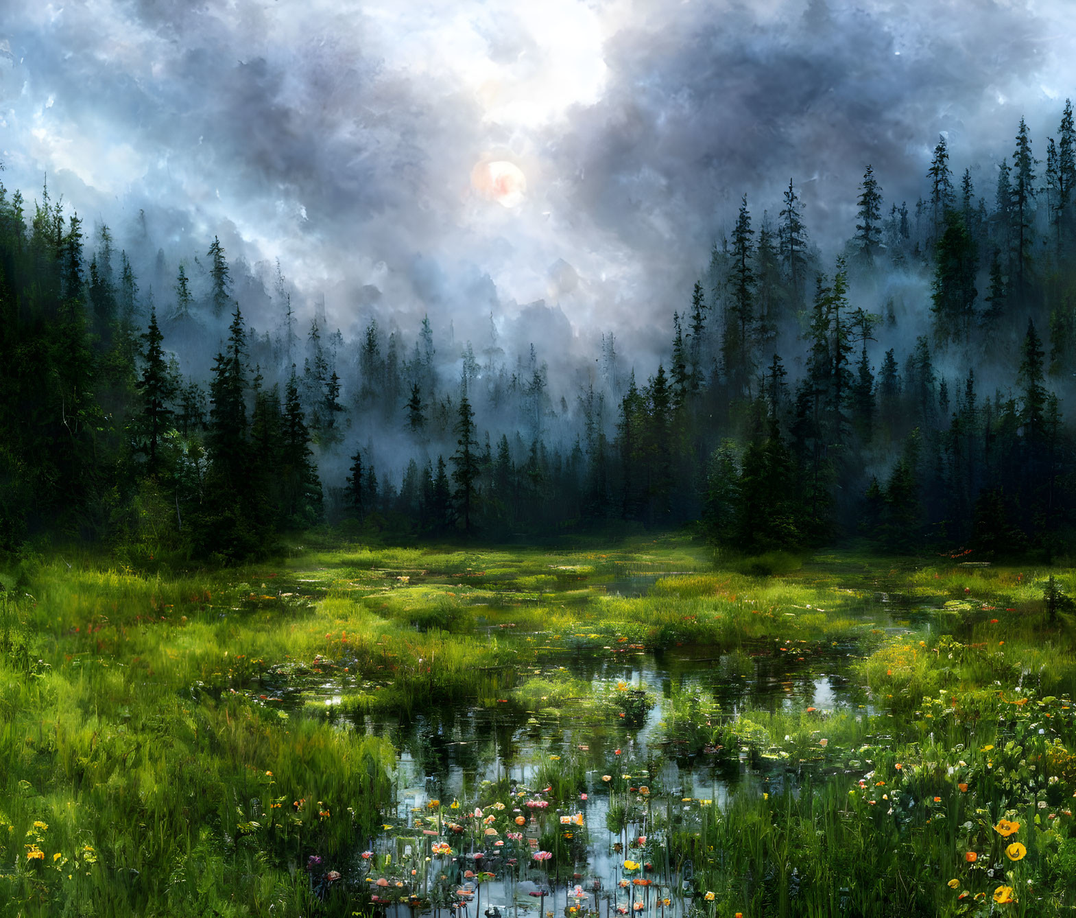 Misty forest landscape with sunlit clearing, pond, water lilies, and dense trees