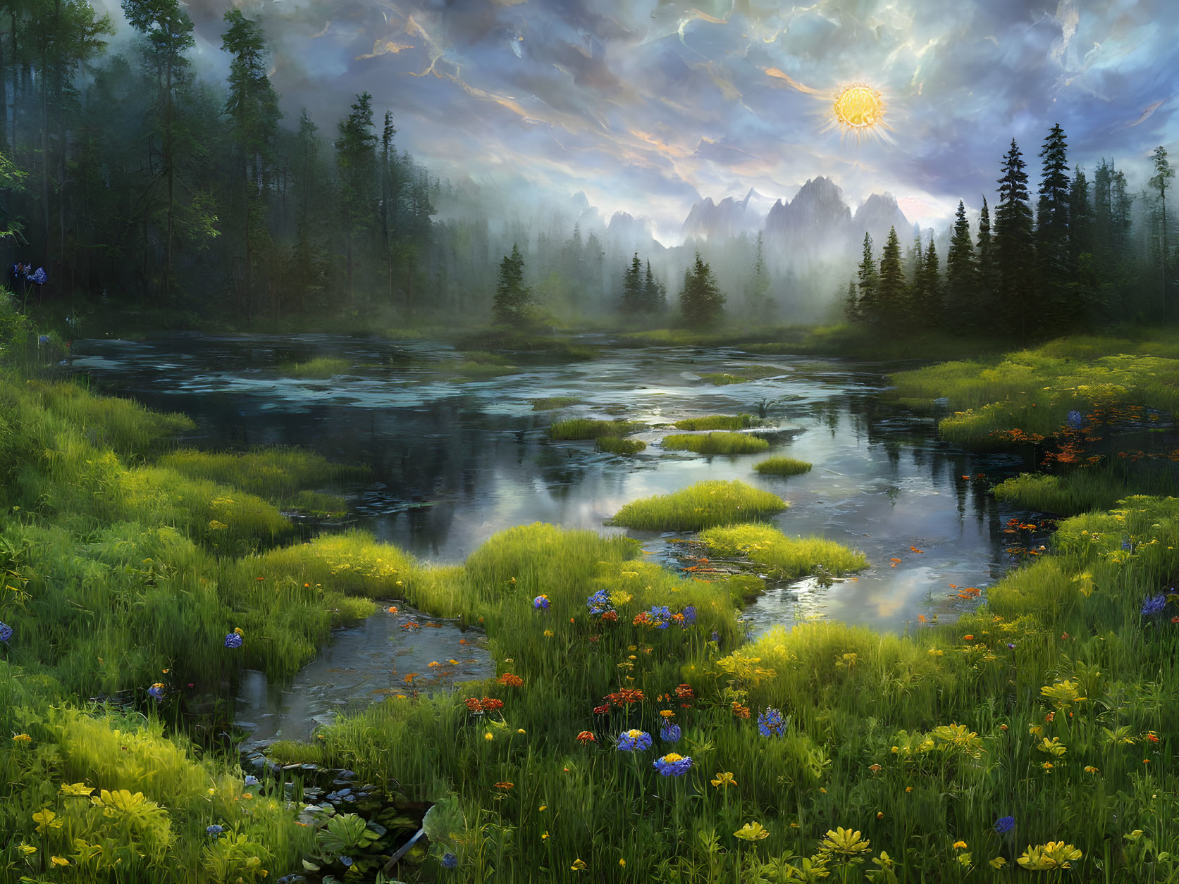 Tranquil landscape with reflective lake, greenery, wildflowers, and dramatic sky