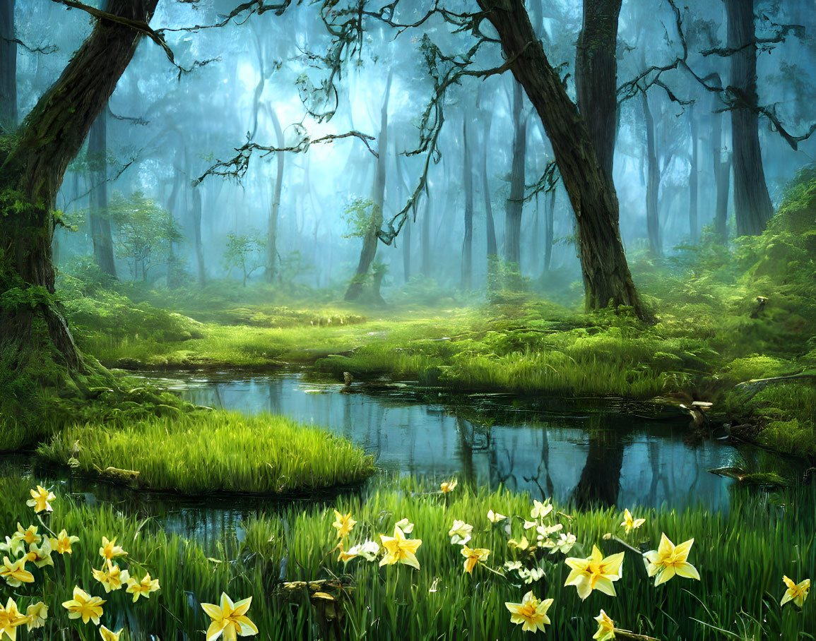 Tranquil forest landscape with lush greenery, majestic trees, stream, and yellow flowers