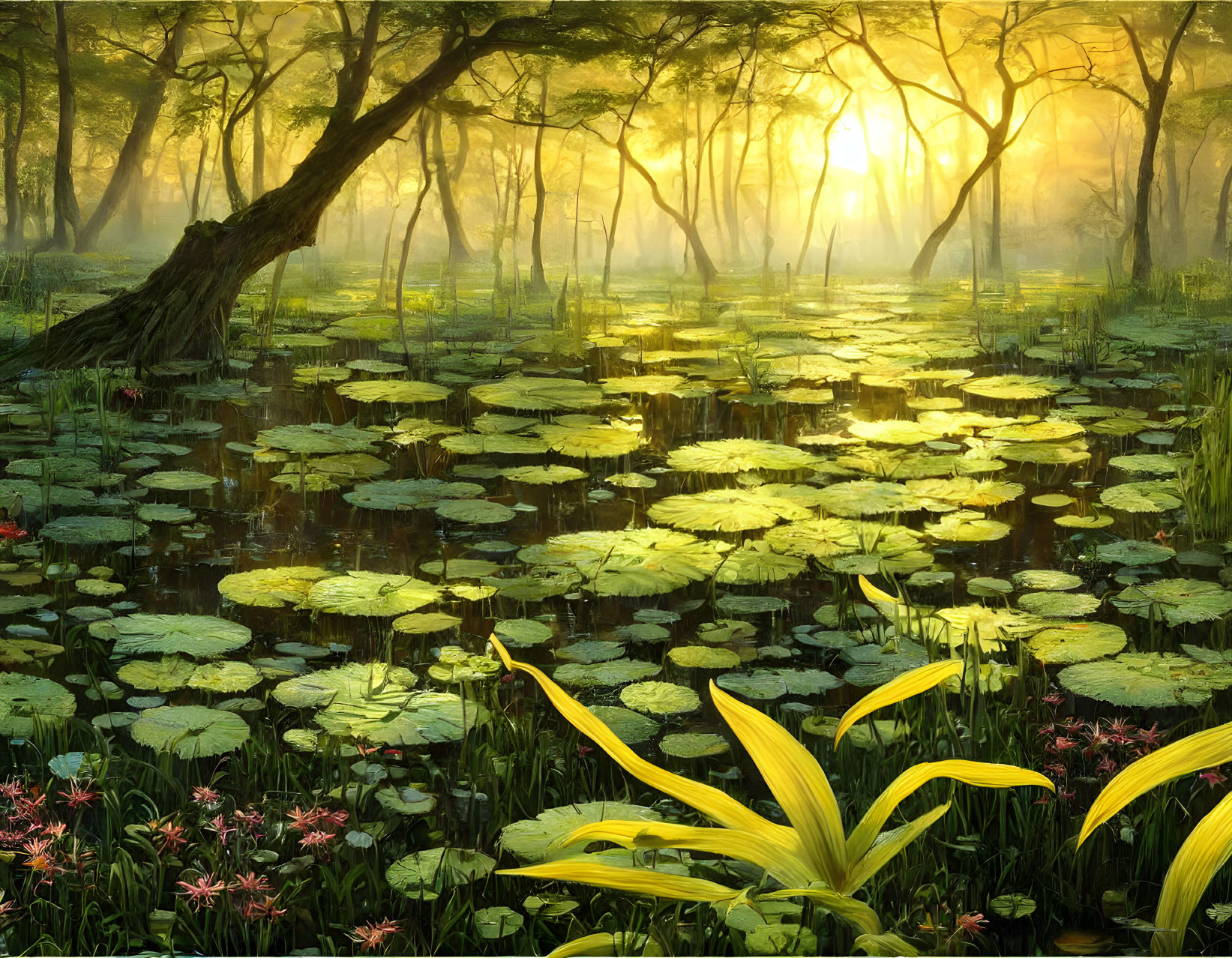 Misty forest scene: Sunlit pond with blooming lilies