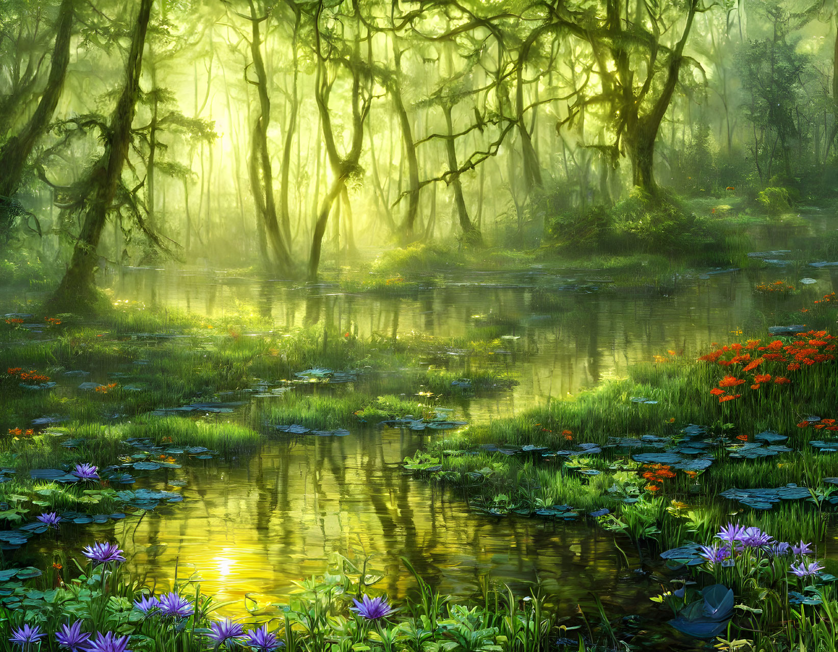 Tranquil swamp scene with lush greenery, sunlight, flowers, and water lilies.